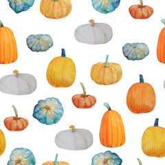 Hand-drawn watercolor seamless pattern with pumpkins on a white background. Autumn bright print with colored different pumpkins.
