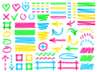 Highlight markers. Colorful marker strokes, yellow highlights arrows, frames and check marks, green hand drawn symbols vector illustration set, different shapes as heart, square, rectangle