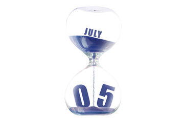 july 5th. Day 5 of month,Hour glass and calendar concept. Sand glass on white background with calendar month and date. schedule and deadline summer month, day of the year concept