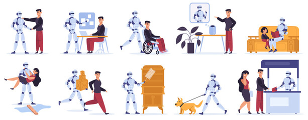 Robot helps human. Artificial intelligent personal assistant, robotic devices helps human owner, serving assisting vector illustration icons set. Doing household chores, walking with dog