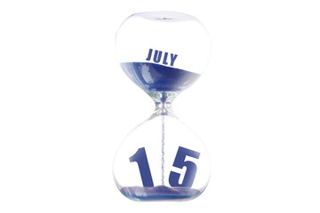 july 15th. Day 15 of month,Hour glass and calendar concept. Sand glass on white background with calendar month and date. schedule and deadline summer month, day of the year concept