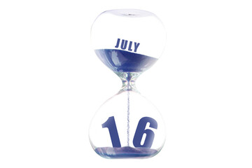 july 16th. Day 16 of month,Hour glass and calendar concept. Sand glass on white background with calendar month and date. schedule and deadline summer month, day of the year concept