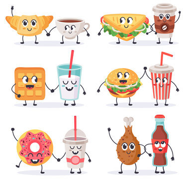 Cartoon Food Characters. Junk Food Mascots, Sandwich With Coffee And Donut, Street Food And Beverages Cute Characters Vector Illustration Set. Burger, Fried Chicken, Waffle And Shake With Faces