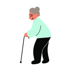 Old lady with walking stick. Illustration on white background. 