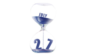 july 27th. Day 27 of month,Hour glass and calendar concept. Sand glass on white background with calendar month and date. schedule and deadline summer month, day of the year concept