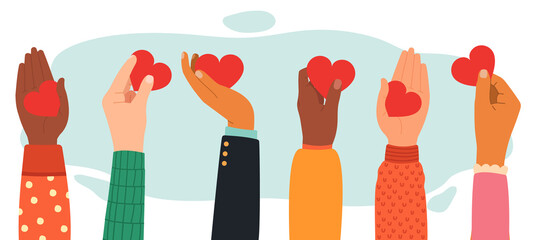 Hands charity concept. Give, share love to people, charity and donation hands with heart symbol, hands with love messages vector illustration. Volunteering, raised up diverse human palms