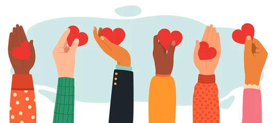 Fotobehang Hands charity concept. Give, share love to people, charity and donation hands with heart symbol, hands with love messages vector illustration. Volunteering, raised up diverse human palms © WinWin