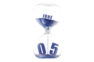 june 5th. Day 5 of month,Hour glass and calendar concept. Sand glass on white background with calendar month and date. schedule and deadline summer month, day of the year concept