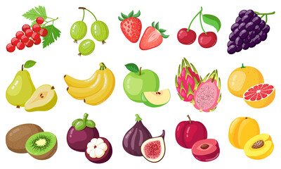Cartoon fruits. Tropical fruit, banana, fig, apple and dragon fruit, citrus and berries, vegetarian exotic fruits vector illustration icons set. Organic and vegan food with vitamins