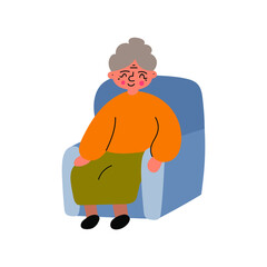 Grandmother sitting in armchair. Hand drawn illustration on white background. 