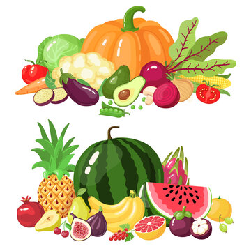 Vegetables and fruits. Cartoon vegetarian food, watermelon, pumpkin and apple vitamin fresh veggies and fruits vector illustration icons set. Organic healthy products for market, farming