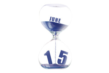 june 15th. Day 15 of month,Hour glass and calendar concept. Sand glass on white background with calendar month and date. schedule and deadline summer month, day of the year concept