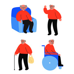 Grandfather pensioner. Set of hand drawn illustrations on white background. 