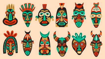 Traditional tribal masks. Ritual african or hawaiian traditional ceremonial totem, ethnic antique wooden face masks vector illustration set shaped after human face with colorful ornaments