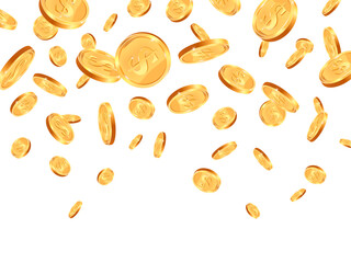 Realistic falling coins. Gold 3d coin falling down, jackpot dollar coins flying, golden dollar coins falling down vector background illustration. Many explosion, dropping rain in casino