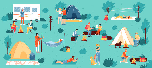 Outdoor camping. Adventure travel, hiking and nature camping, male and female tourists enjoy summertime outdoor activities vector illustration. People having rest, taking picture, lying in hammock