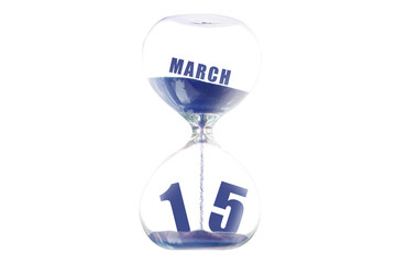 march 15th. Day 15 of month,Hour glass and calendar concept. Sand glass on white background with...