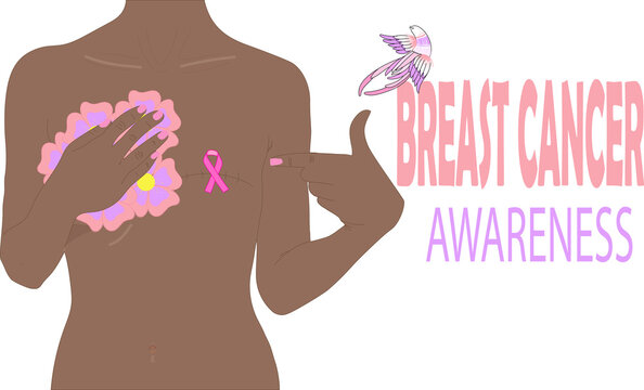 Closeup african american woman with pink badge vector image breast cancer. Breast Cancer Awareness Month 