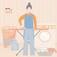Cute old lady ironing clothes, active granny character, daily routine of grandma, cartoon vector illustration