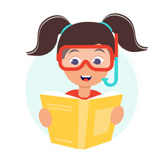 A girl reading a book in a scuba diving suit. Love reading concept. Template for banner, postcard, card, invitation. Vector Illustration in flat style.