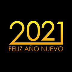 Concepto Happy New Year. Logotipo con texto Feliz Año Nuevo 2021 en español lineal en color dorado y fondo negro