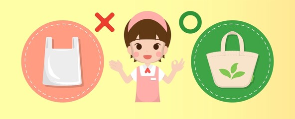 Plastic bags and canvas bags with sales staff, eco-friendly shopping bags, reduce plastic
