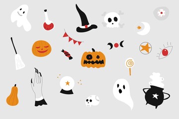 Set of halloween symbols. Hand-drawn halloween clip art.
