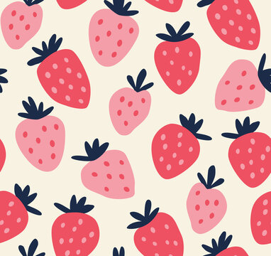 Seamless pattern of red and pink strawberries on a beige background.