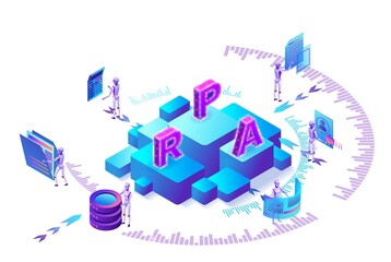 Robotic process automation concept with robots working with data, arms moving files, extracting information from websites, digital technology service, 3d isometric vector illustration