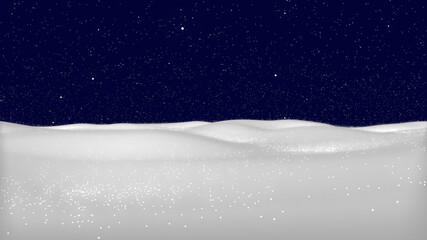 Snowy landscape on dark transparent background. Illustration of winter decoration. Snow background. 3D rendering
