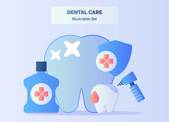 Dental care illustration set shiny tooth background of mouth wash bleeding teeth dental drill shield with flat color style
