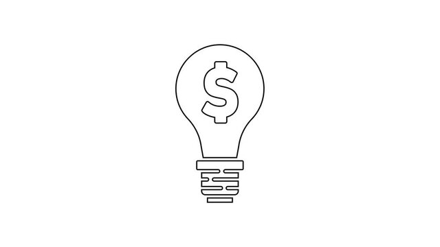 Black line Light bulb with dollar symbol icon isolated on white background. Money making ideas. Fintech innovation concept. 4K Video motion graphic animation.