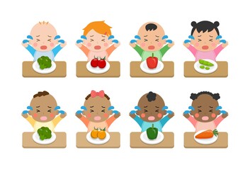 Cute baby daily illustration set, different races with skin color, eating vegetables, picky eaters, angry, crying, cartoon vector illustration, set, set, isolated