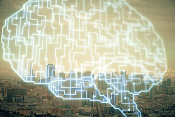Brain hologram drawing on cityscape background multi exposure. Ai in modern city concept.