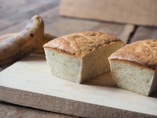 Banana cake on wooden board