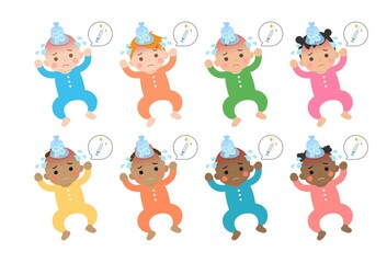 Schattige baby dagelijkse illustratie set, verschillende rassen met huidskleur, koorts, koorts, ziek virus, koude, cartoon vectorillustratie, set, set, geïsoleerd