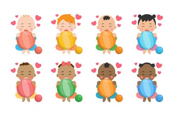 Cute baby daily illustration set, different races with skin color, ball, toy, having fun, happy, smiling, cartoon vector illustration, set, set, isolated
