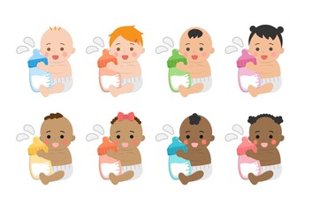 Cute baby daily illustration set, different races with skin color, baby holding milk bottle, happy, smiling, cartoon vector illustration, set, set, isolated