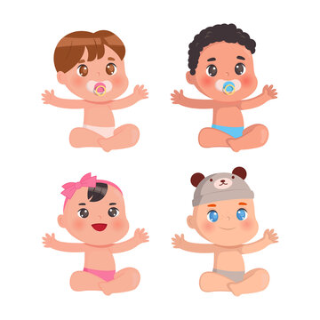 Set of adorable baby logo of different races. Happy boy and girl infant toddler. Flat vector design.