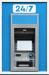 ATM machine, photo of one object in detail as a background, blue color