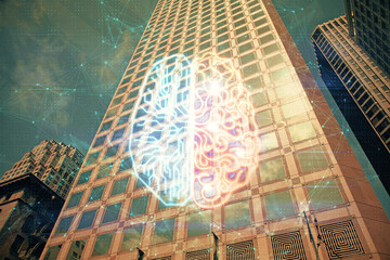 Brain hologram drawing on city scape background Double exposure. Brainstorming concept.