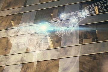 Brain hologram drawing on city scape background Double exposure. Brainstorming concept.