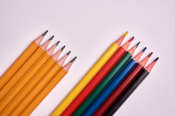 lead pencil and color pencils on white background