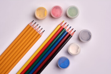 lead pencils, colored pencils, gouache paints on white background