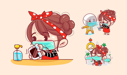 Women wearing masks spraying and cleaning for protection coronavirus on quarantine background with epidemic prevention.