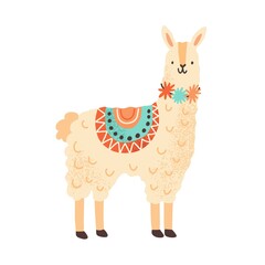 Cute childish lama character. Adorable funny alpaca in simple scandinavian style. Flat vector cartoon textured illustration of fluffy llama. Animal toy isolated on white background © Good Studio