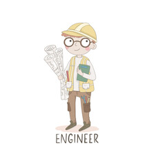 Cartoon illustration of a engineer. Kids workers. Child professional. Cute vector alphabet. Letter E - engineer. - 376869718