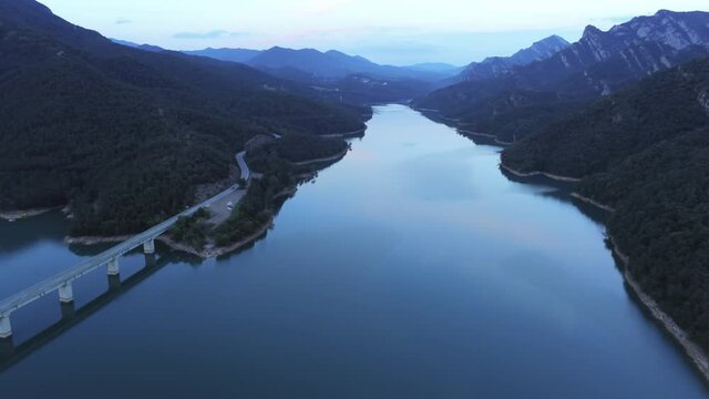 Reservoir in Berga.Barcelona. Catalonia,Spain. Aerial Drone Footage