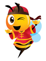 Happy Chinese New Year. Cartoon cute bee with traditional chinese costume holding gold ingots . The year of chinese zodiacs - Vector bee character