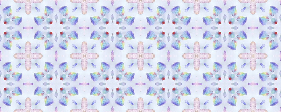 Boho Fabric. Abstract Kaleidoscope Design. Pastel, Blue and Pink Seamless Texture. Repeat Tie Dye Ornament. Ikat Persian Print. Ethnic Tribal Boho Fabric Pattern.